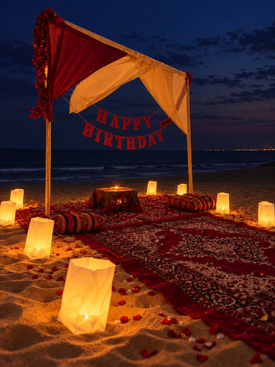 Birthday decoration and illuminated table in the dunes